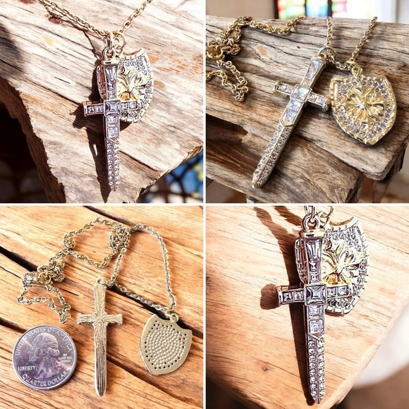 Sparkling Gold Toned Cross Sword Necklace with Shield DND Paladin - Picture 17 of 17